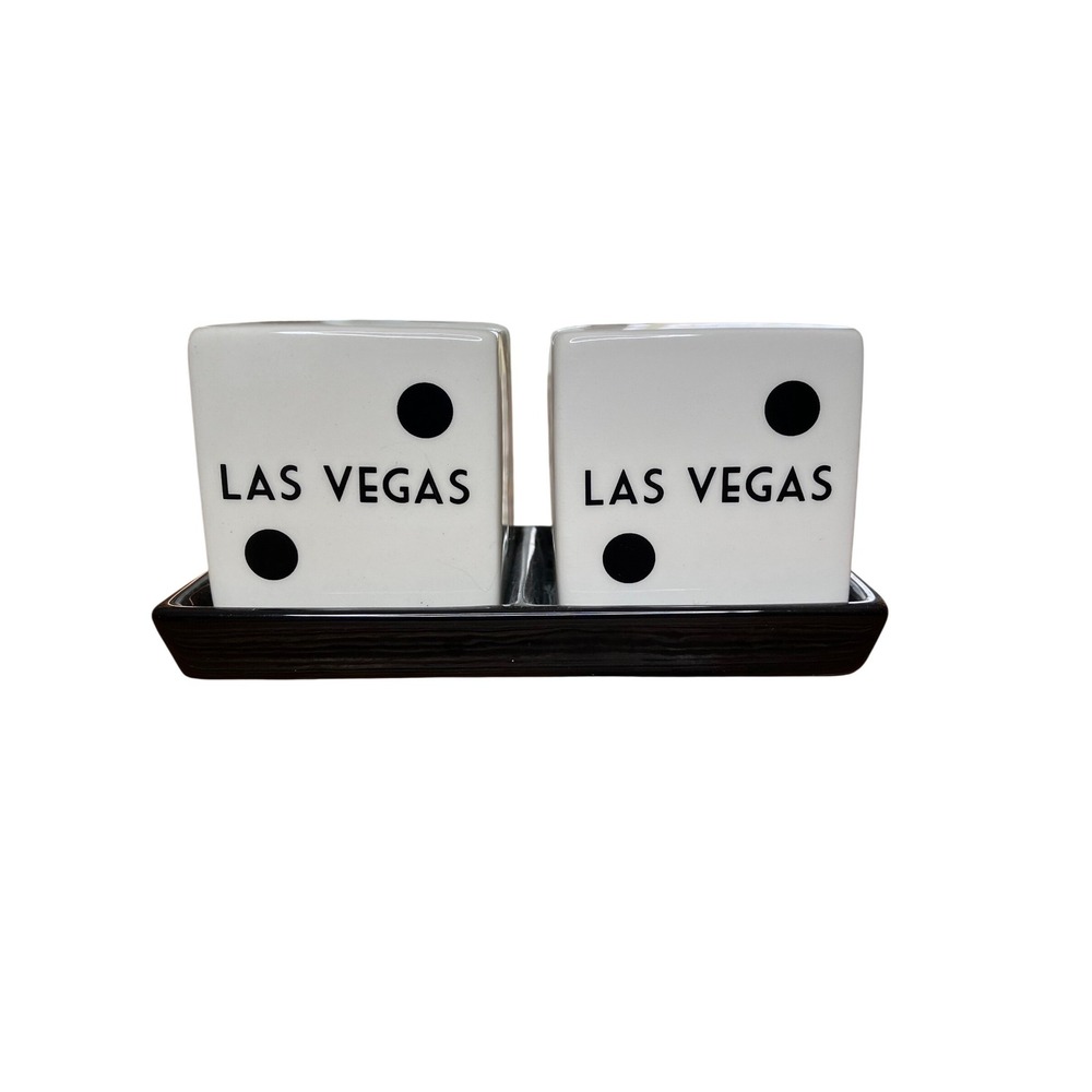 Las Vegas Ceramic Dice‎ Salt And Pepper Shaker Set With Tray NIB